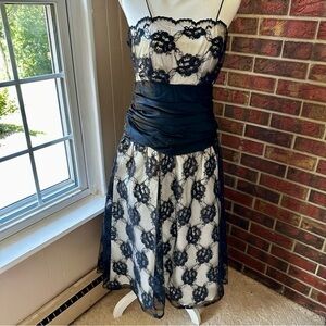 80s 90s Vintage Tea Length Black Lace Spaghetti Strap Dress Junior Prom Cosplay